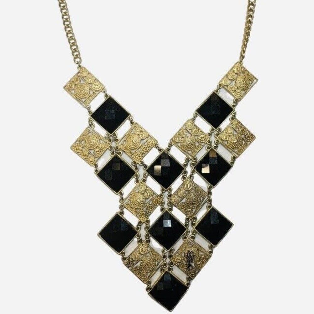 Vintage Black Faceted Square Gold Tone Chain Link Large Statement Necklace 19”